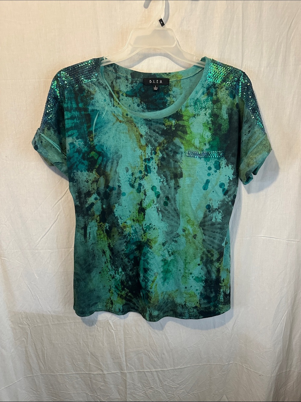 B.L.E.U. Green Teal Sequin Shoulder Short Sleeve Tee